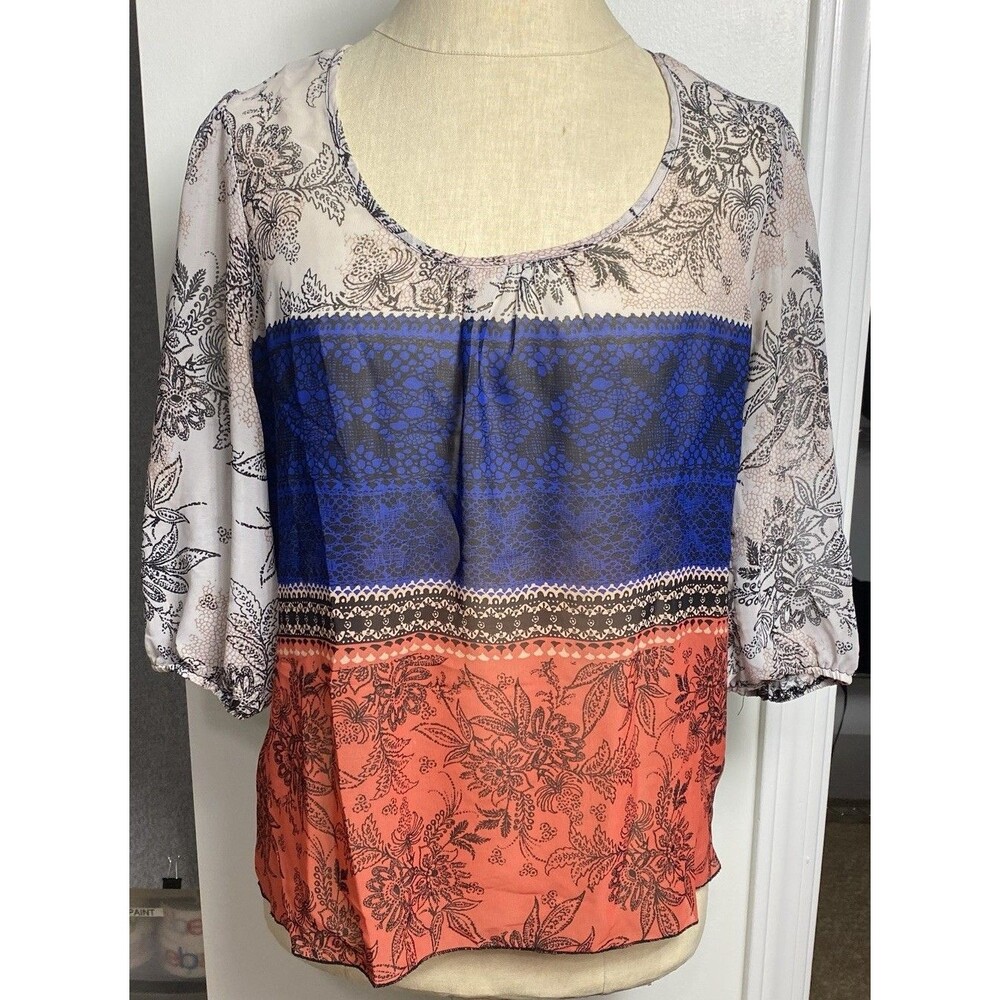HeartSoul Floral Sheer Blouse Size S 3/4 Sleeves Blue And Orange
